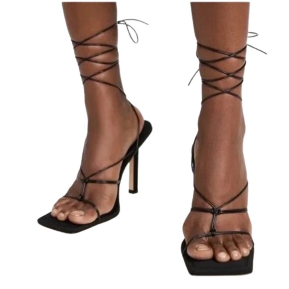 Good American Cage Slanted Sandals Neoprene Black Lace Up Heel - Picture 1 of 11